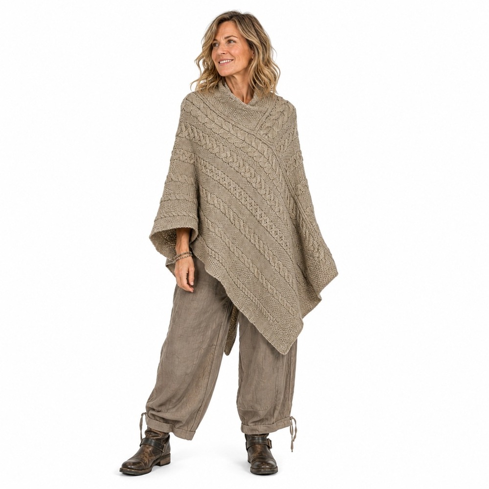 Aran Crafts 100% Merino Wool Poncho Sweater Beige Ireland Women's M/L Pullover